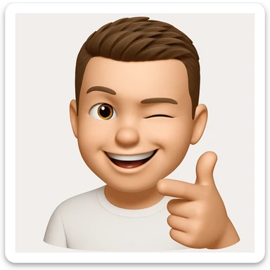 Based on these photos, make an emoji with facial features preserved, a man in a white T-shirt, winking, pointing forward sticker