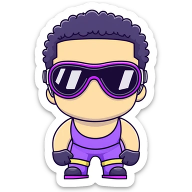 shirtless male athlete with white skin and moderately curly black hair on top with shaved sides, wearing ski goggles with purple frames/outline and very dark heavily tinted black lenses that completely hide the eyes, and a simple plain black chain necklace, no earrings sticker