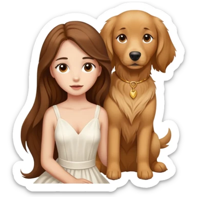 A beautiful girl with big eyes, fair skin, long brown hair with white dress and a Golden Retriever dog sticker