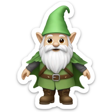 gnome with white sharp hat, white beard, white eyebrow, white mustag, green cape and pink net for catching butterflies sticker