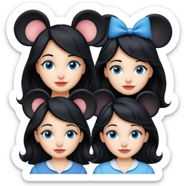 escribe el nombre Disneyland Paris y para titulo, pon a quatro chicas: una pelo corto negro, una pelo rizado largo, una pelo largo liso y la otra pelo ondulado mediano, esta con el ojos azules. Todas tienen piel carne sticker