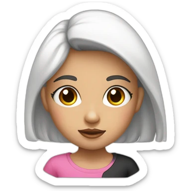 niña blanca con pelo largo liso negro con ojos marrones con camiseta rosa sticker