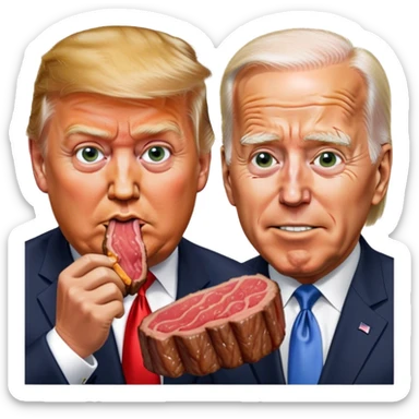 photorealistic Donald Trump and Biden eating a steak shaped like an piece of land sticker