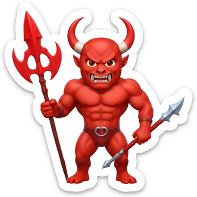 Red devil emoji, 3D cartoon style, muscular body, bright red skin, big curved white horns, angry face, sharp teeth smile, holding red trident, glossy emoji texture, centered character, GREEN SCREEN BACKGROUND, solid green color sticker