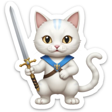 un gato blanco con una espada en cada mano y una en la boca sticker
