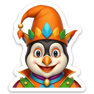 crazy funny colorful penguin jolly joker, medieval, vintage, court jester, mac os icon, orange color sticker