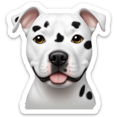 A White Staffy with tiny black spots scattered around middle of his face and nose in a Apple style sticker