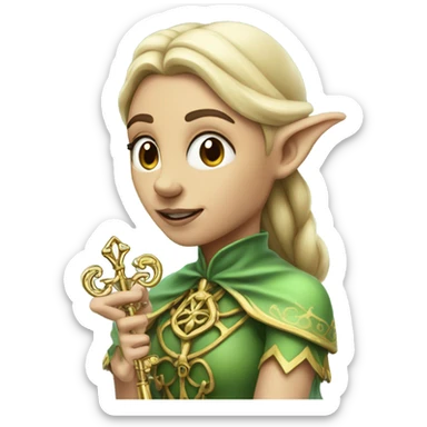 an elf woman login holding a big key sticker