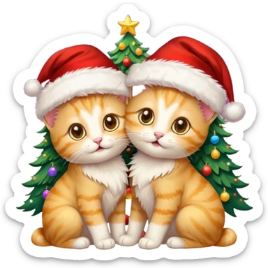 2 hazel eyed cute hugging happy fluffy gold twin kittens with Santa hats by a colorful multicolored brightly lit up Christmas trees sticker