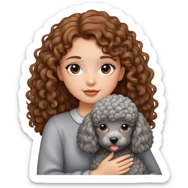 A girl with caramel brown hair holding a grey poodle sticker