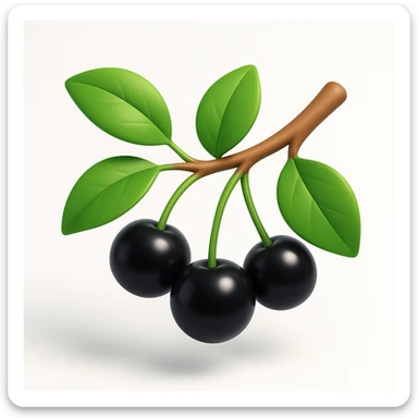Redraw the cherry branch with black berries and green leaves in a modern 3D iOS style, adding volume, expressive light and shadow, and a clean background. Maintain a contemporary and polished look suitable for iOS design. sticker