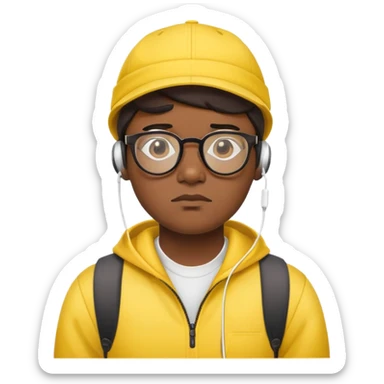 "- Nam
- 30 tuổi
- Da đen
- Đội mũ lưỡi trai vàng
- Đeo kính, airpod
- Mặt buồn
" sticker