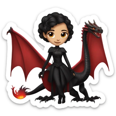 Lavish Victorian evening gown with gloves, Jenna Ortega as Addams Jedi wearing a mini tiara, riding on the back of a very large blood red evil-looking horned firedragon sticker