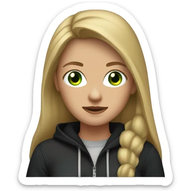 woman with long dirty blonde hair, green eyes, wearing black hoodie and jeans sticker