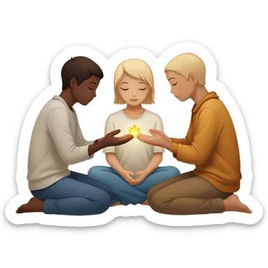 A silhouette of a person sitting with their head down, surrounded by two souls—one offering a hand and another radiating warmth, symbolizing kindness. A soft light behind them represents hope, unseen but present. 🌅 sticker