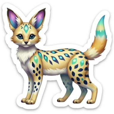 Rare iridescent white exotic epic aesthetic colorful Trico-Eevee-Serval-Genet-species-Fakemon-hybrid-creature, with intricate tattoo markings, full body sticker