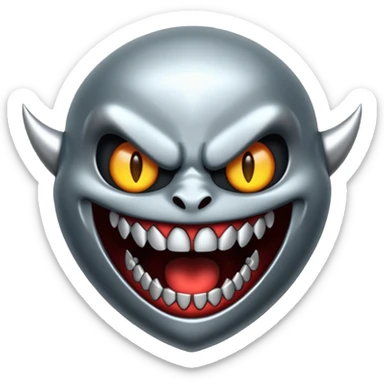 Stylized emoji icon of metallic teeth with sharp fangs, chrome texture, dark shadows, aggressive look sticker