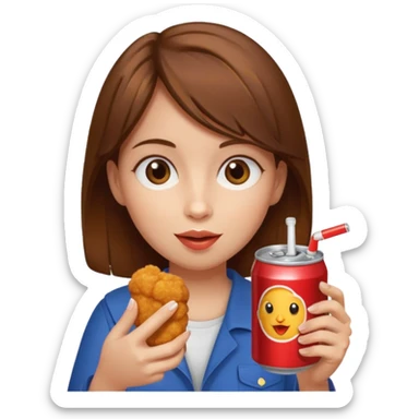 brown hair girl eating chicken nugget and holding a soda can sticker