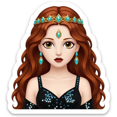 Persephone, Goddess of Death from Gods and Goddesses with long dark auburn hair, black sequin outfit sticker
