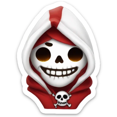 Cute, happy little skull wearing a red velvet hood with white fur trim. sticker