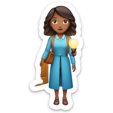 woman standing in front of a long road, looking forward with confidence—behind her, multiple closed doors symbolizing rejection, but one door ahead is glowing, representing the path forward. In her hand, she holds a small bright light, symbolizing her knowing—her guide. sticker