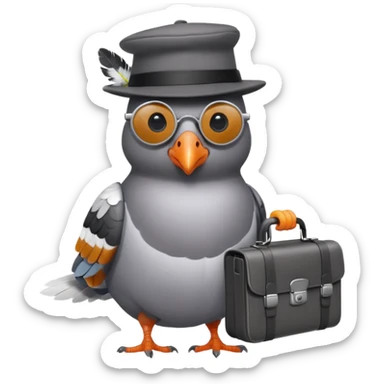 a clever pigeon wearing a tiny spy hat and sunglasses, holding a miniature briefcase sticker