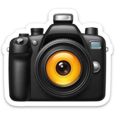 The camera features a solid black body with a shiny lens. sticker