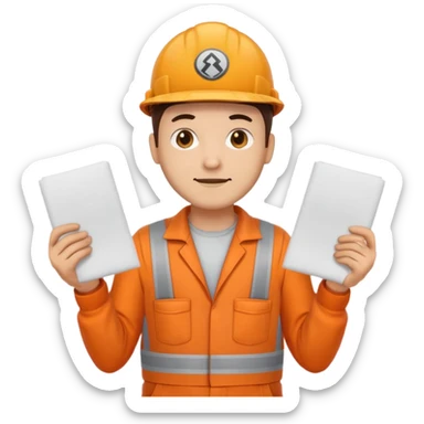 emoji style railway engineer full body in orange overalls, carrying one piece of paper with both hands in front of him sticker