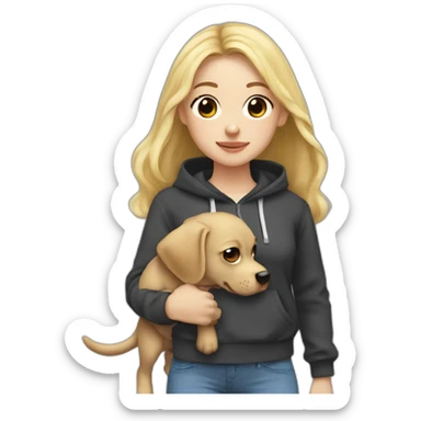 A blonde girl  with smooth hair and a ray in the middle of his hair, she has light skin a few freckles, and she wear a hoodies and she Carries in his arms a BLACK baby labrador dog  sticker
