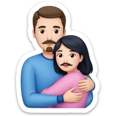 Tall white man with brown mustache goatee wearing blue hugging a chubby short pale woman with long black hair wearing pink sticker