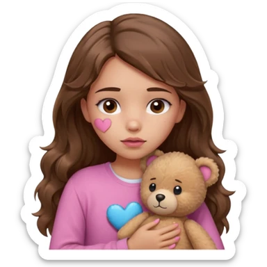 girl with long wavy brown hair, brown eyes, light to medium complexion, in a pink shirt, pink lips, long lashes, sad, hugging squeezing a teddy bear with bandaid hearts sticker