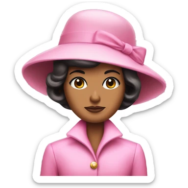 Jackie Kennedy day of assasination in pink suit with small pillbox hat sticker