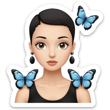 Lady with black buzz cut hair and lashes wearing 4 black earrings holding white butterfly sticker