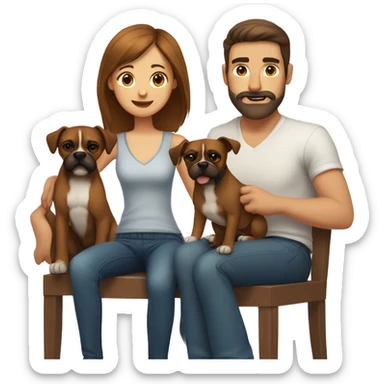 a girl with brown hair, a man with short buzz brown hair with a beard, sitting, with two brown boxer dogs sticker