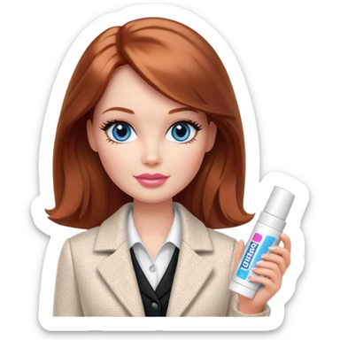A Barbie girl with blue eyes, shoulder-length reddish-brown hair, made-up, in a white tweed jacket and black skirt, holding a tube of pale beige face cream sticker