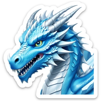 Cinematic Noble Fierce Ice Dragon Portrait Emoji, Poised and imposing, with a muscular, long elegant snout, scaled body shimmering in glacial hues of icy blue, frostbitten silver, and crystalline white, breathing out frost, with piercing, glowing eyes that radiate the chilling depths of an arctic storm; rendered in detail. sticker