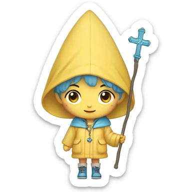 Cute little girl with light short blue hair with peach skin, with yellow raincoat hooded with boots holding a staff, with a cross necklace, Sanrio design sticker