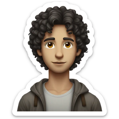 "A young man with dark curly hair, pale skin, and a thin build. He has a humble, thoughtful expression and wears simple, slightly worn clothing. A subtle Star of David appears nearby." sticker