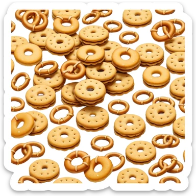 small scattered assortment of bite-sized savory crackers in golden tones, sticks, rings, mini pretzel shapes, slightly glossy baked surface, crisp texture, visible salt crystals, grainy toppings, no bowl, no packaging, no extras, just biscuits, soft lighting, subtle shadows, emoji scale sticker