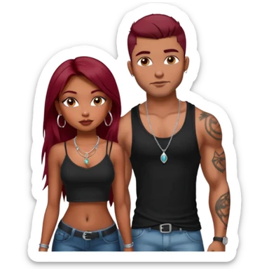 a pretty bratz fair indian girl with dark red straight hair, black cami top, silver dainty necklaces, rings, hoops, tattoos standing with two handsome lean but muscled guys sticker