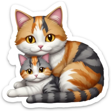 full body colourful light patched calico + white tabby cat cuddling a big dark grey and white tabby cat  sticker