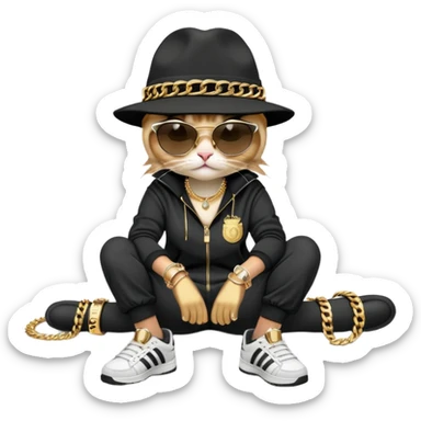 female cat dressed like Run DMC in tracksuit, fedora, Adidas shoes, dark sunglasses, lots of gold chains, rings, bracelets, earrings, lying on the ground after falling, worried look sticker