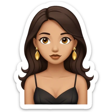 Beautiful woman,cute, long dark brown hair in dark dress with gold earrings sticker