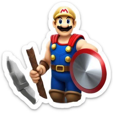 Mario holding a Captain mega shield and Thor hammer ￼ sticker