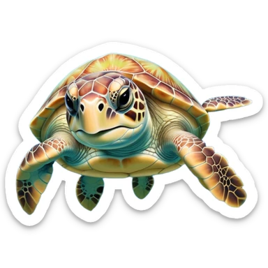 Cinematic Cute Sea Turtle Portrait Emoji, Head tilted playfully and inquisitively, featuring a charming, compact form with a beautifully patterned, domed shell and gentle, sparkling eyes full of oceanic wonder, Simplified yet irresistibly adorable features, highly detailed, glowing with a warm, friendly sea glow, high shine, affectionate and lively, stylized with a touch of whimsical marine charm, soft glowing outline, capturing the essence of a mischievous yet loving sea turtle that seems as if it could swim out of the screen into your arms! sticker