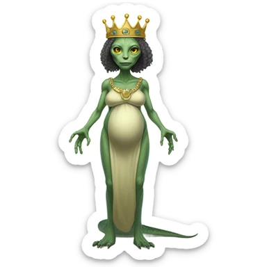 Pregnant reptilian alien woman, full body, have a crown sticker