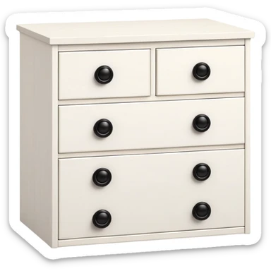 IKEA-inspired white 6-drawer chest, one tiny black knob per drawer, realistic depth and dimension sticker