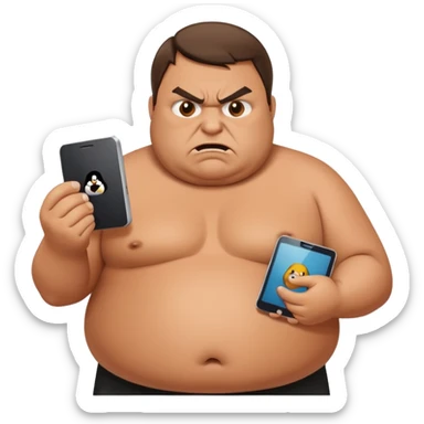 Fat guy angry at Linux device sticker