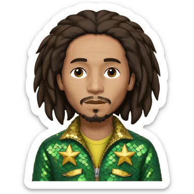 Bob Marley with long dark brown hair, olive sequin outfit sticker