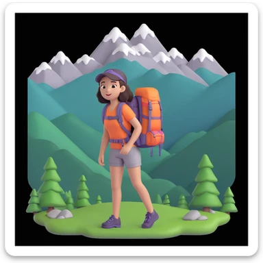 girl back packing mountains in background, close up pose sticker
